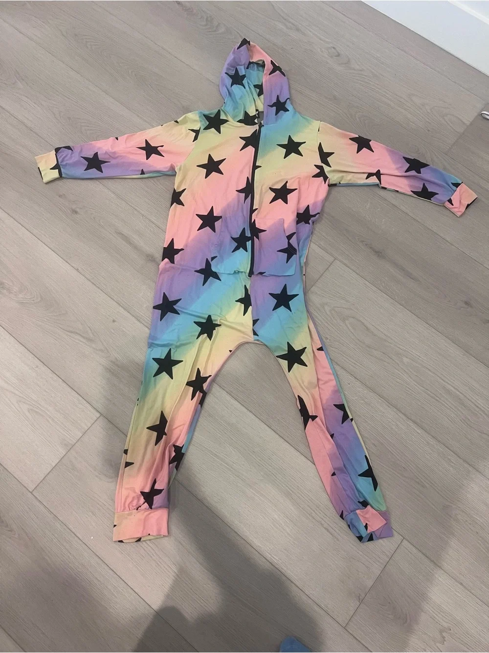 Kids Rainbow Gradient Hooded One-Piece with Black Star Print
